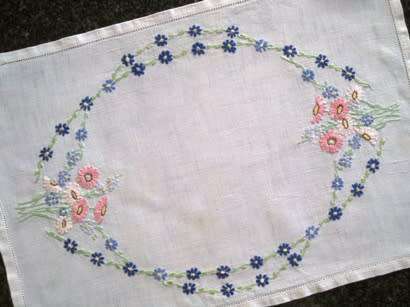 White linen hand embroidered tray cloth