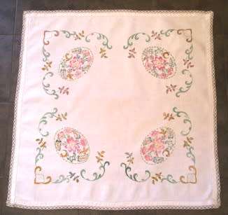 Vintage white linen hand embroidered tea tablecloth