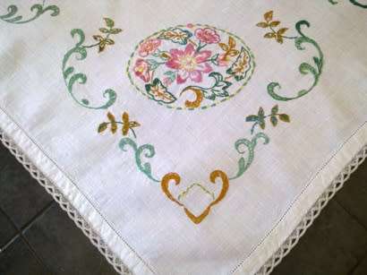 Vintage white linen hand embroidered tea tablecloth
