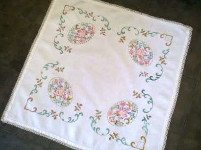 Vintage white linen hand embroidered tea tablecloth