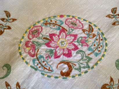 Vintage white linen hand embroidered tea tablecloth