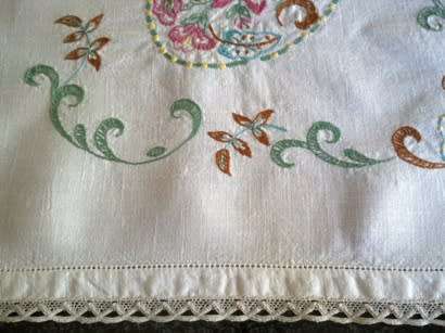 Vintage white linen hand embroidered tea tablecloth