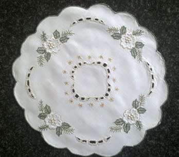 Festive white linen embroidered doilie 27cm