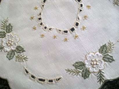 Festive white linen embroidered doilie 27cm