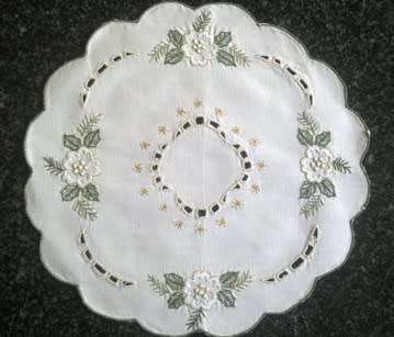 Festive white linen embroidered doilie 27cm