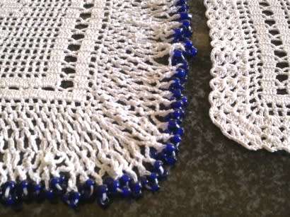 Elegant filet crochet glass beaded doilie and matching doilie