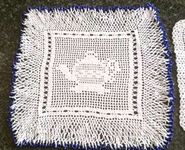 Elegant filet crochet glass beaded doilie and matching doilie