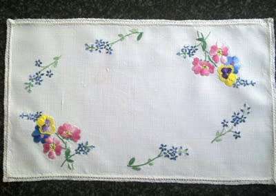 Small hand embroidered linen tray cloth 23 x 38cm