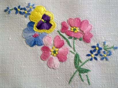 Small hand embroidered linen tray cloth 23 x 38cm