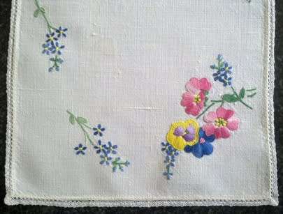 Small hand embroidered linen tray cloth 23 x 38cm