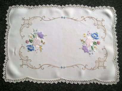 Elegant vintage white linen hand embroidered tray cloth 34 x 48cm