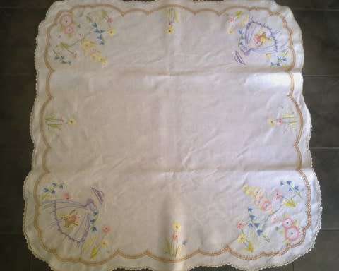 Charming hand embroidered crisp white linen tablecloth