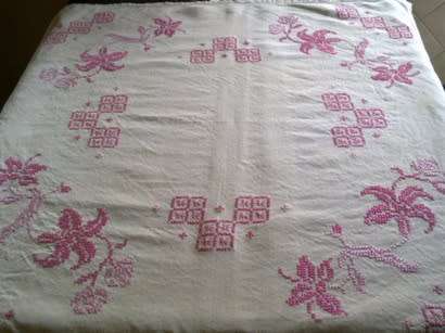 Pretty linen hand embroidered tablecloth / centre piece