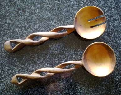 Hand carved wooden salad servers