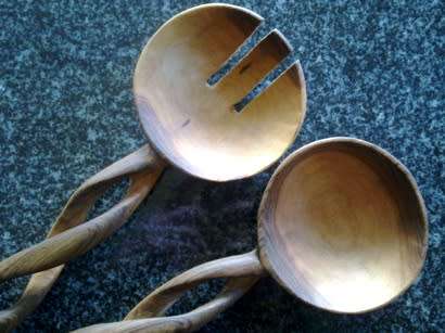 Hand carved wooden salad servers