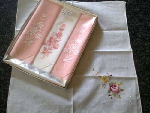 Vintage boxed set of three Swiss hankies and one other