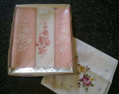 Vintage boxed set of three Swiss hankies and one other