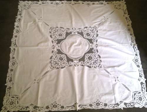 Lovely antique white linen and tape lace tablecloth - 1.27m square