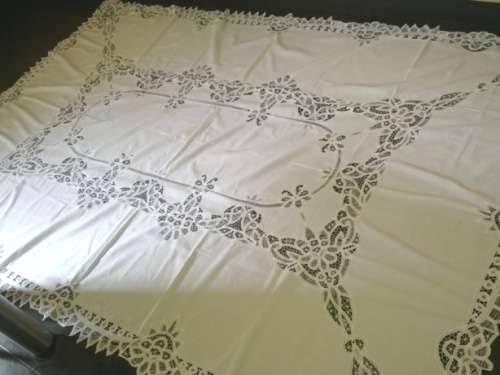 Large antique white linen and tape lace tablecloth - 2.5m