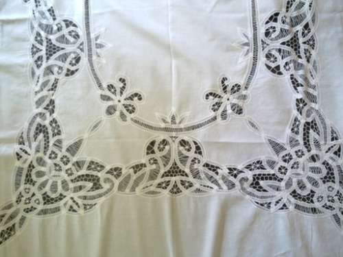 Large antique white linen and tape lace tablecloth - 2.5m