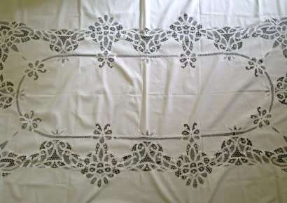Large antique white linen and tape lace tablecloth - 2.5m