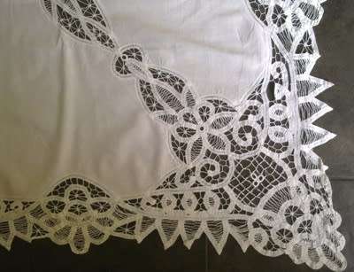 Large antique white linen and tape lace tablecloth - 2.5m