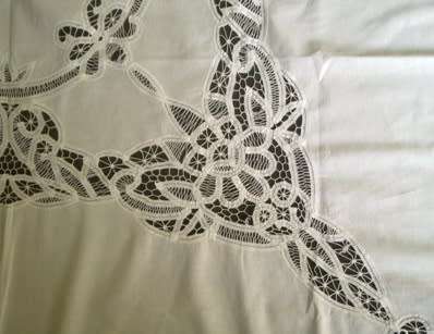 Large antique white linen and tape lace tablecloth - 2.5m