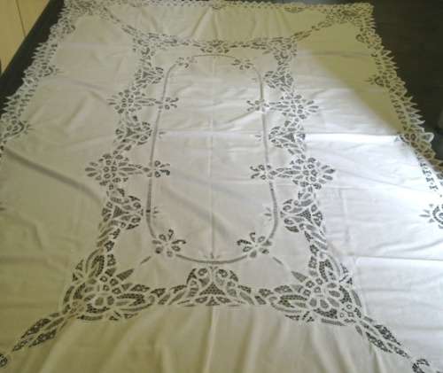Large antique white linen and tape lace tablecloth - 2.5m