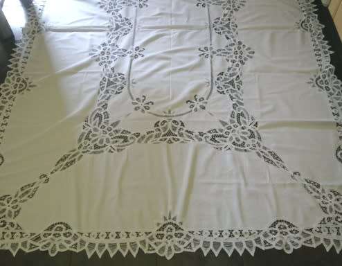 Large antique white linen and tape lace tablecloth - 2.5m