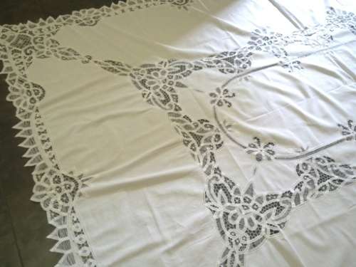 Large antique white linen and tape lace tablecloth - 2.5m