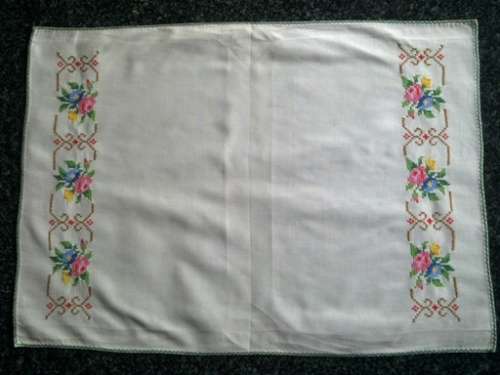 Pretty large cream cotton tray cloth with petit point cross stitch