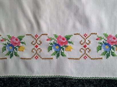 Pretty large cream cotton tray cloth with petit point cross stitch