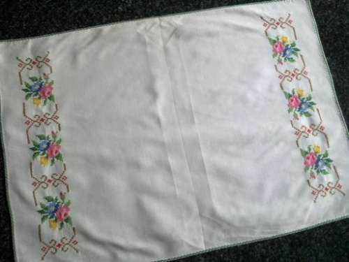 Pretty large cream cotton tray cloth with petit point cross stitch