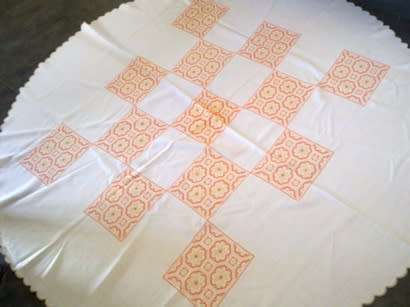 Vintage round cross stitch cotton/linen tablecloth 1.7m