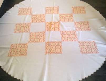Vintage round cross stitch cotton/linen tablecloth 1.7m