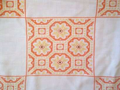 Vintage round cross stitch cotton/linen tablecloth 1.7m