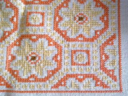 Vintage round cross stitch cotton/linen tablecloth 1.7m