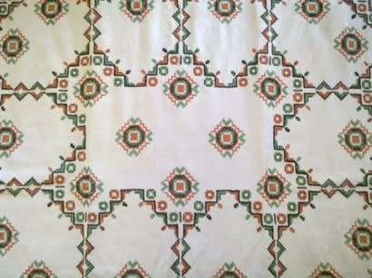 Lovely heavy vintage linen tablecloth with cross stitch work