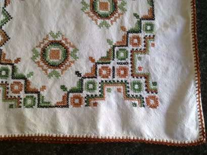Lovely heavy vintage linen tablecloth with cross stitch work