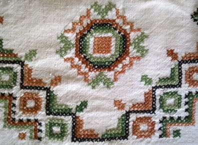 Lovely heavy vintage linen tablecloth with cross stitch work