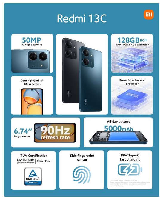 BRAND NEW, SEALED Xiaomi Redmi 13C Dual Sim PHONE WITH 24 MONTH WARRANTY & FREE POWERBANK