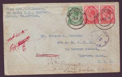 POSTAL HISTORY  -  UNION  1918 Kings Head Scarce "MAPUMULO" pmk on censored cover to USA Re-directed