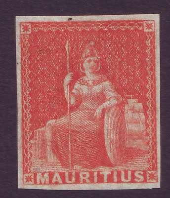 MAURITIUS- 1858/62 Britannia Vermillion (6d) - Imperforated 4 Margins *MM* SG 28