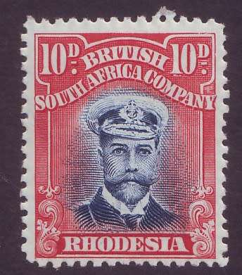 RHODESIA  BSAC - ADMIRALS 1913  10d Blue and carmine-red   DIE II Perf. 14  SACC 231 *MM*