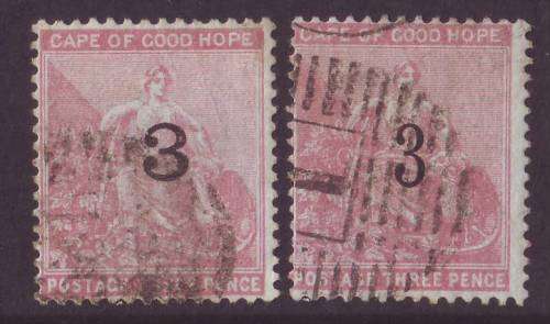 CAPE of GOOD HOPE  - 1880 3d surcharged 3 both types Wmk Crown CC  VFU