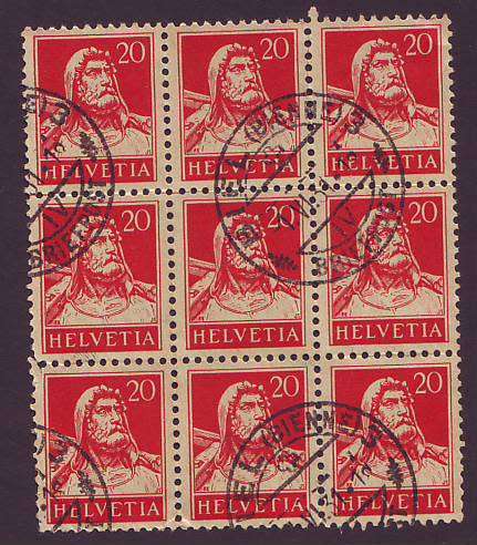 SWITZERLAND - 1924 20c carmine block of 9 VF USED