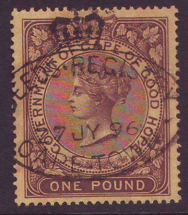 Cape of Good Hope -  1878  QV  REVENUE  One Pound brown on orange Wmk Crown CC(Perf. 14) BF104