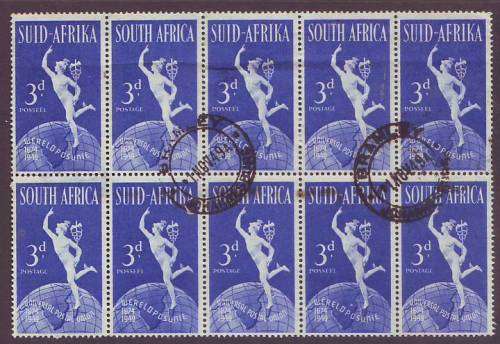 UNION - 1949  U.P.U. 3d BLUE block of 10 with "LAKE FLAW"  VF USED SACC 129b