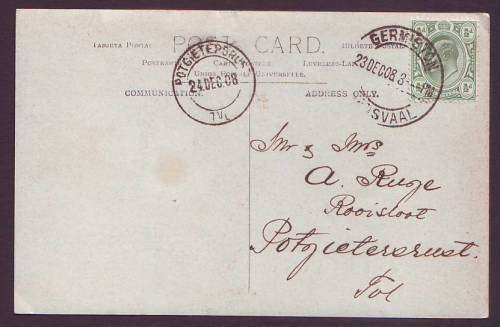 TRANSVAAL - GERMISTON & POTGIETERSRUST postmarks on KEVII 1/2d.Excellent  strikes on postcard