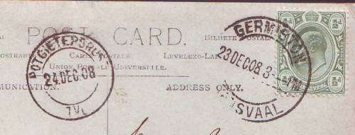 TRANSVAAL - GERMISTON & POTGIETERSRUST postmarks on KEVII 1/2d.Excellent  strikes on postcard